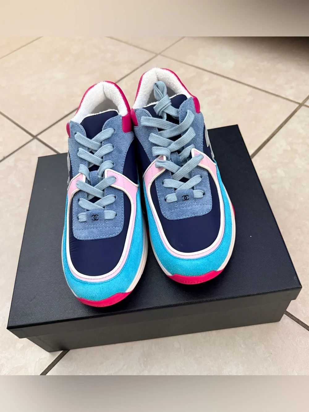CHANEL Multicolor Suede & Leather Logo Sneakers — Navy, Pink, Turquoise